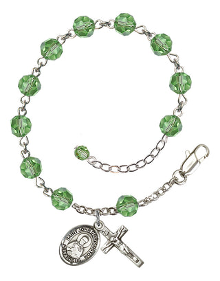 Sterling Silver 6mm Austrian Crystal Saint John Chrysostom Rosary Bracelet in Peridot Engraved Catholic Saint Jewelry