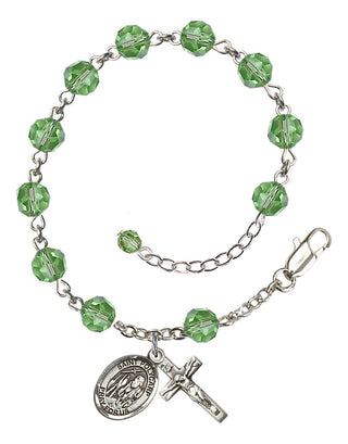 Sterling Silver 6mm Austrian Crystal Saint Polycarp of Smyrna Rosary Bracelet in Peridot Engraved Catholic Saint Jewelry