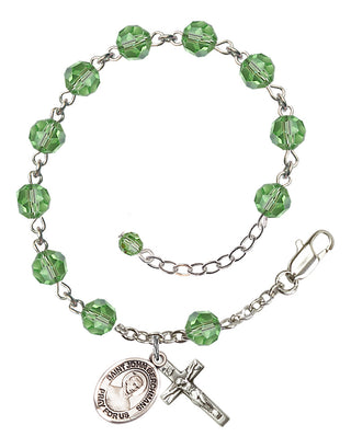 Sterling Silver 6mm Austrian Crystal Saint John Berchmans Rosary Bracelet in Peridot Engraved Catholic Saint Jewelry
