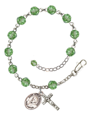 Sterling Silver 6mm Austrian Crystal Saint Peter Canisius Rosary Bracelet in Peridot Engraved Catholic Saint Jewelry