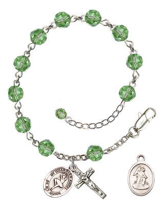 Sterling Silver 6mm Austrian Crystal Guardian Angel/Dance Rosary Bracelet in Peridot Engraved Catholic Saint Jewelry