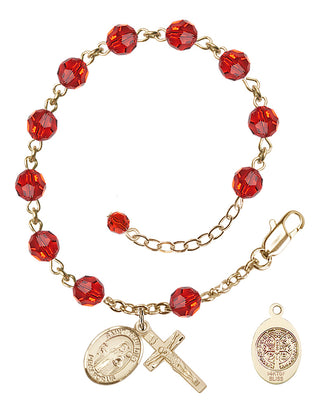 14kt Gold-Filled 6mm Austrian Crystal St. Benedict Rosary Bracelet in Ruby | Engravable
