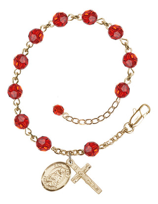 14kt Gold-Filled 6mm Austrian Crystal Saint Daniel Rosary Bracelet in Ruby Engraved Catholic Saint Jewelry