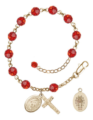 14kt Gold-Filled 6mm Austrian Crystal Miraculous Rosary Bracelet in Ruby Engraved Catholic Saint Jewelry