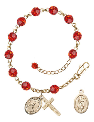 Adjustable 14 Karat Gold-Filled 6mm Austrian Crystal Saint Christopher/Baseball Rosary Bracelet in Ruby