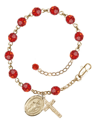 14kt Gold-Filled 6mm Austrian Crystal Saint Wolfgang Rosary Bracelet in Ruby Engraved Catholic Saint Jewelry