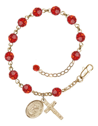 14kt Gold-Filled 6mm Austrian Crystal Saint Kenneth Rosary Bracelet in Ruby Engraved Catholic Saint Jewelry