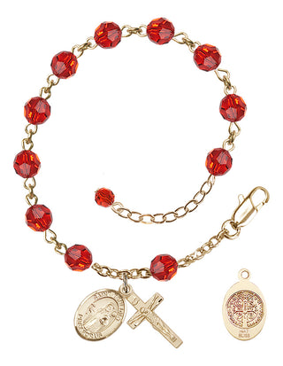 14kt Gold 6mm Austrian Crystal St. Benedict Rosary Bracelet in Ruby | Engravable