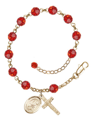 14kt Gold 6mm Austrian Crystal Saint Sarah Rosary Bracelet in Ruby Engraved Catholic Saint Jewelry