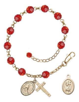 Adjustable 14 Karat Gold 6mm Austrian Crystal Saint Christopher/Baseball Rosary Bracelet in Ruby