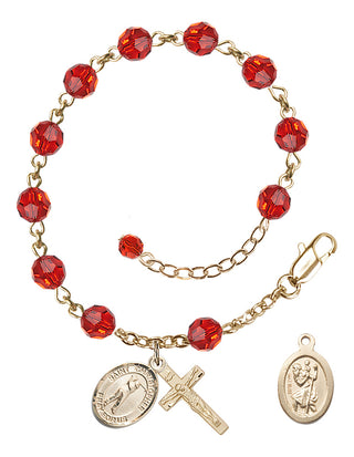 Adjustable 14 Karat Gold 6mm Austrian Crystal Saint Christopher/Golf Rosary Bracelet in Ruby