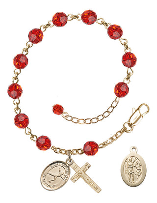 Adjustable 14 Karat Gold 6mm Austrian Crystal Saint Sebastian/Figure Skating Rosary Bracelet in Ruby