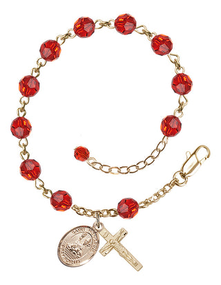 14kt Gold 6mm Austrian Crystal Saint Honorius of Amiens Rosary Bracelet in Ruby Engraved Catholic Saint Jewelry