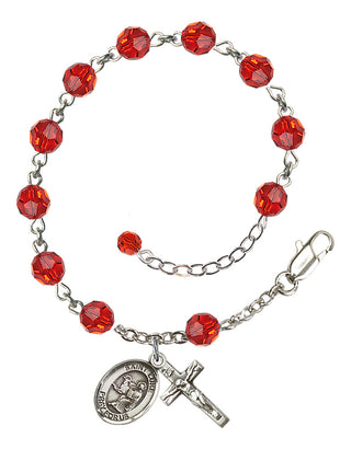 Sterling Silver 6mm Austrian Crystal Saint Luke the Apostle Rosary Bracelet in Ruby Engraved Catholic Saint Jewelry
