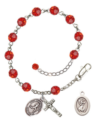 Sterling Silver 6mm Austrian Crystal Saint Christopher/Track & Field Rosary Bracelet in Ruby Engraved Catholic Saint Jewelry