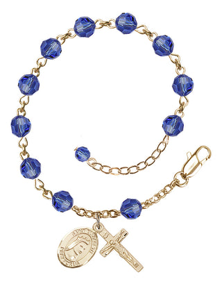 14kt Gold-Filled 6mm Austrian Crystal Saint Elizabeth of Hungary Rosary Bracelet in Sapphire Engraved Catholic Saint Jewelry