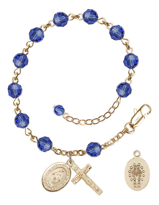 14kt Gold-Filled 6mm Austrian Crystal Miraculous Rosary Bracelet in Sapphire Engraved Catholic Saint Jewelry