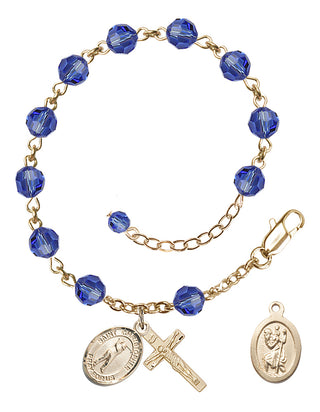 Adjustable 14 Karat Gold-Filled 6mm Austrian Crystal Saint Christopher/Golf Rosary Bracelet in Sapphire