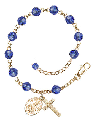 14kt Gold-Filled 6mm Austrian Crystal Saint Jadwiga of Poland Rosary Bracelet in Sapphire Engraved Catholic Saint Jewelry