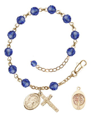 14kt Gold 6mm Austrian Crystal St. Benedict Rosary Bracelet in Sapphire | Engravable