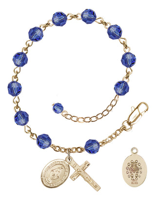 14kt Gold 6mm Austrian Crystal Miraculous Rosary Bracelet in Sapphire Engraved Catholic Saint Jewelry