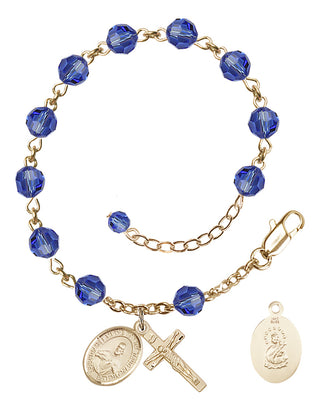 14kt Gold 6mm Austrian Crystal Scapular Rosary Bracelet in Sapphire Engraved Catholic Saint Jewelry