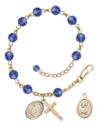 Adjustable 14 Karat Gold 6mm Austrian Crystal Saint Christopher/Gymnastics Rosary Bracelet in Sapphire