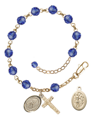 Adjustable 14 Karat Gold 6mm Austrian Crystal Saint Sebastian/Ice Hockey Rosary Bracelet in Sapphire