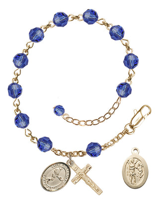 Adjustable 14 Karat Gold 6mm Austrian Crystal Saint Sebastian/Tennis Rosary Bracelet in Sapphire