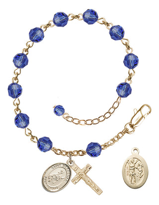 Adjustable 14 Karat Gold 6mm Austrian Crystal Saint Sebastian / Rodeo Rosary Bracelet in Sapphire