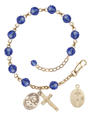 Adjustable 14 Karat Gold 6mm Austrian Crystal Saint John Paul II Rosary Bracelet in Sapphire