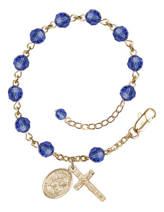 14kt Gold 6mm Austrian Crystal Saint Edwin Rosary Bracelet in Sapphire Engraved Catholic Saint Jewelry