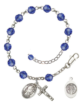 Sterling Silver 6mm Austrian Crystal St. Benedict Rosary Bracelet in Sapphire | Engravable
