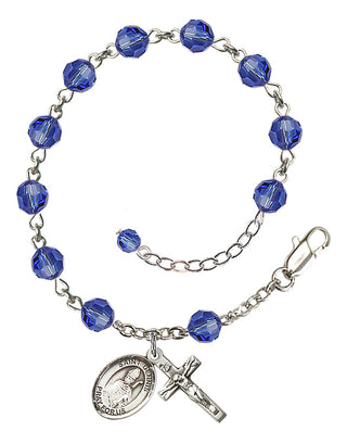 Sterling Silver 6mm Austrian Crystal Saint Dennis Rosary Bracelet in Sapphire Engraved Catholic Saint Jewelry