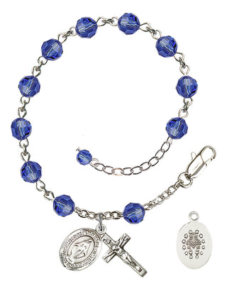 Sterling Silver 6mm Austrian Crystal Miraculous Rosary Bracelet in Sapphire Engraved Catholic Saint Jewelry