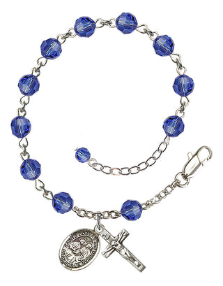 Sterling Silver 6mm Austrian Crystal Saints Cosmas & Damian Rosary Bracelet in Sapphire Engraved Catholic Saint Jewelry