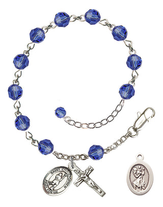Adjustable Sterling Silver 6mm Austrian Crystal Saint Christopher/Lacrosse Rosary Bracelet in Sapphire
