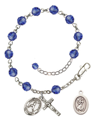 Adjustable Sterling Silver 6mm Austrian Crystal Saint Christopher/Baseball Rosary Bracelet in Sapphire