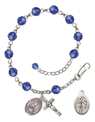 Adjustable Sterling Silver 6mm Austrian Crystal Saint Sebastian/Ice Hockey Rosary Bracelet in Sapphire