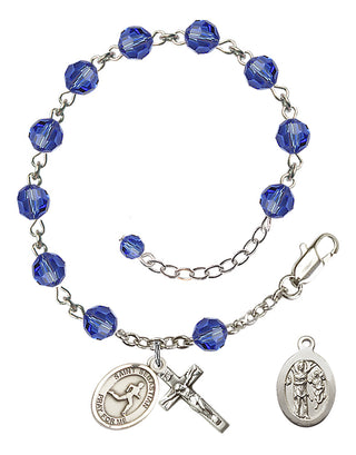 Adjustable Sterling Silver 6mm Austrian Crystal Saint Sebastian/Track & Field Rosary Bracelet in Sapphire