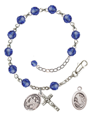 Sterling Silver 6mm Austrian Crystal Saint Cecilia / Marching Band Rosary Bracelet in Sapphire Engraved Catholic Saint Jewelry
