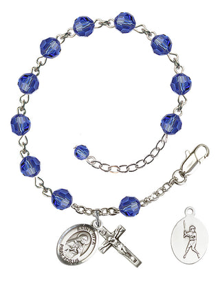Adjustable Sterling Silver 6mm Austrian Crystal Saint Rita / Baseball Rosary Bracelet in Sapphire