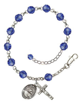 Sterling Silver 6mm Austrian Crystal Our Lady of Good Counsel Rosary Bracelet in Sapphire Engraved Catholic Saint Jewelry