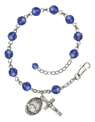 Sterling Silver 6mm Austrian Crystal Saint John Chrysostom Rosary Bracelet in Sapphire Engraved Catholic Saint Jewelry