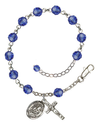 Sterling Silver 6mm Austrian Crystal Saint Polycarp of Smyrna Rosary Bracelet in Sapphire Engraved Catholic Saint Jewelry