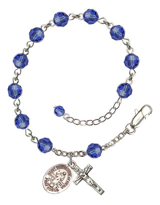 Sterling Silver 6mm Austrian Crystal Saint Bernadine of Sienna Rosary Bracelet in Sapphire Engraved Catholic Saint Jewelry