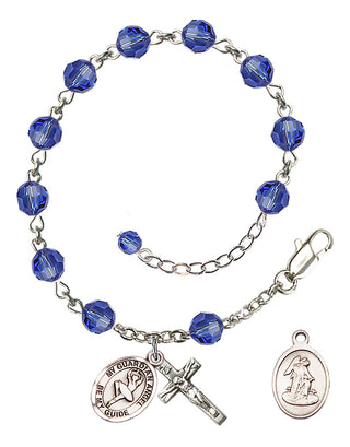 Sterling Silver 6mm Austrian Crystal Guardian Angel/Dance Rosary Bracelet in Sapphire Engraved Catholic Saint Jewelry