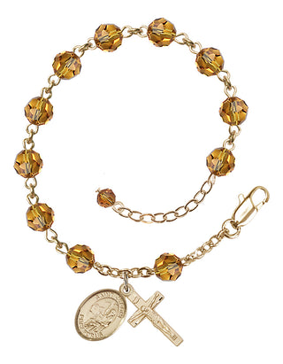 14kt Gold-Filled 6mm Austrian Crystal Saint Jerome Rosary Bracelet in Topaz Engraved Catholic Saint Jewelry