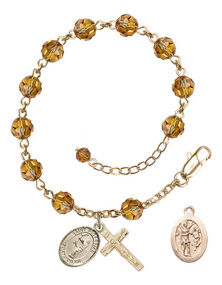 Adjustable 14 Karat Gold-Filled 6mm Austrian Crystal Saint Sebastian / Archery Rosary Bracelet in Topaz