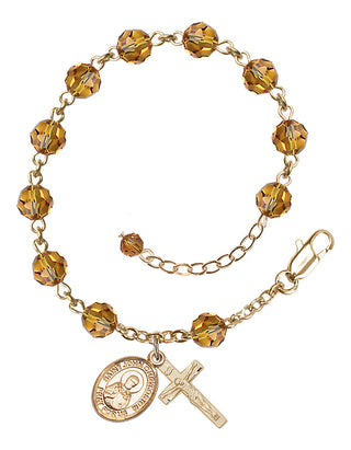 14kt Gold-Filled 6mm Austrian Crystal Saint John Chrysostom Rosary Bracelet in Topaz Engraved Catholic Saint Jewelry